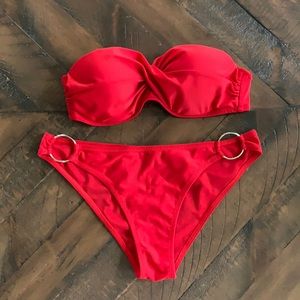 Red bandeau bikini with built-in pads